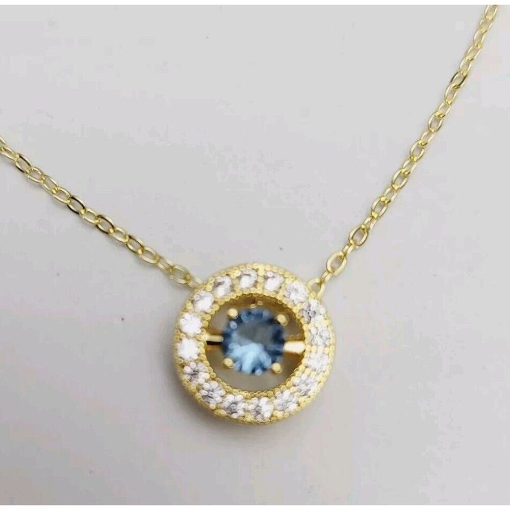 Delicate Round Cut Blue Crystal Halo Pendant 14K Yellow Gold Finish 18" Chain